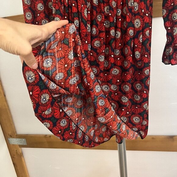 Modern Floral Geometric Pattern Tie Neck Lantern Sleeve Mini Dress Sz S No label - Picture 6 of 11